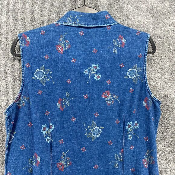 Requirements Dress Size L Blue Floral Linen Metal Button Up Peasant Ranch Farm - Picture 5 of 8